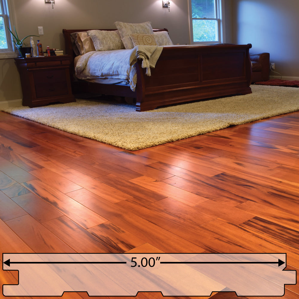 Tigerwood (Goncalo Alves, Muiracatiara, Brazilian Koa) Solid Flooring 5″ Prefinished Satin, $6.34/sqft